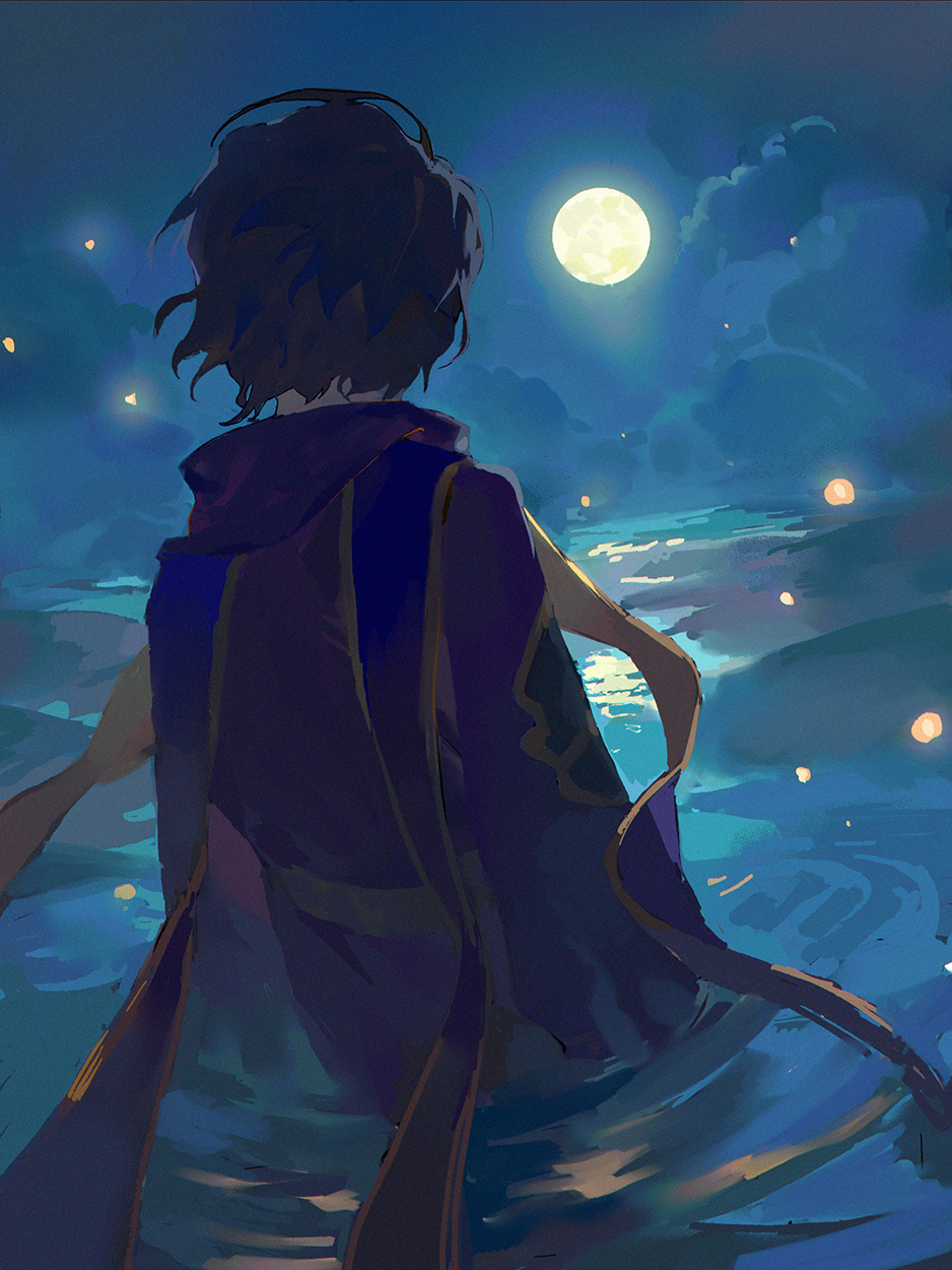 1boy, belt, black_hair, chinese_commentary, coat, commentary_request, film_grain, from_behind