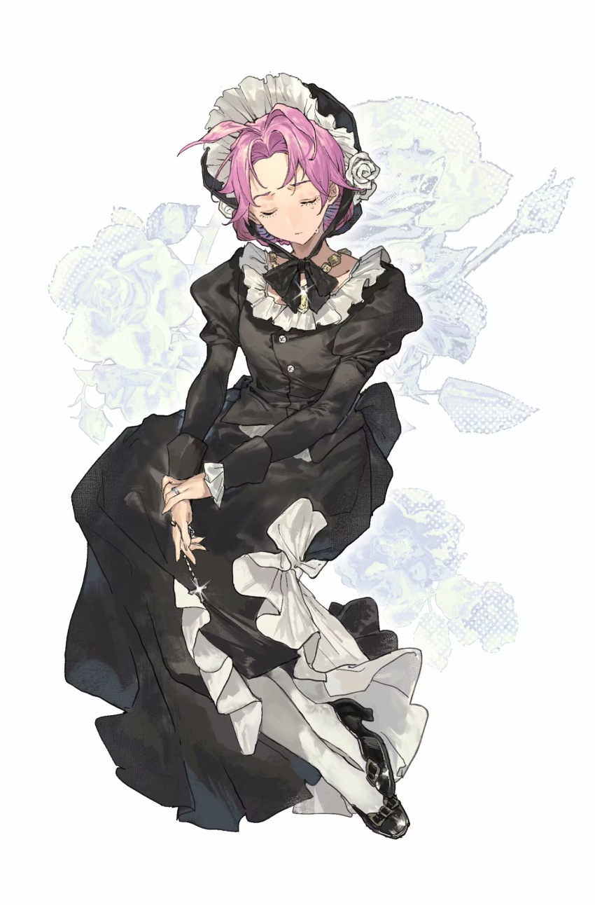 1boy, absurdres, alternate_costume, black_bonnet, black_bow, black_shirt, black_shoes, black_skirt