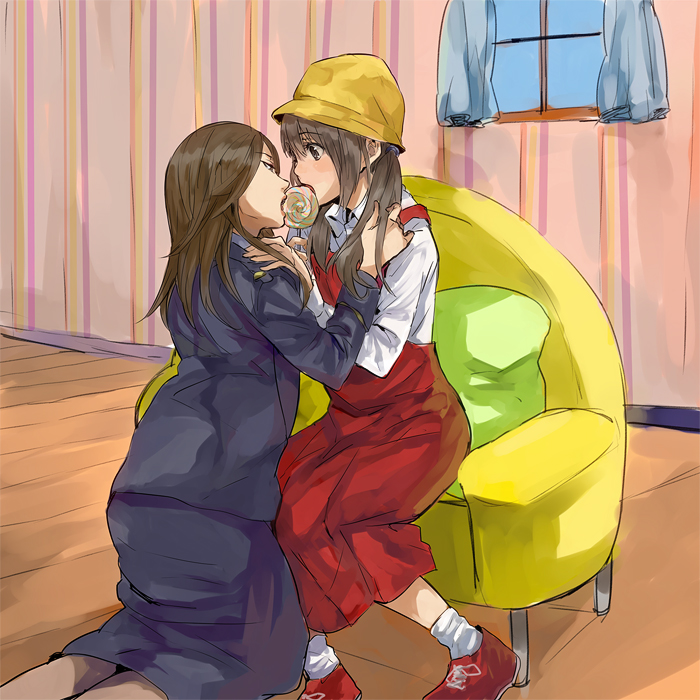 2girls, age_difference, brown_hair, candy, couch, dress, food, hat