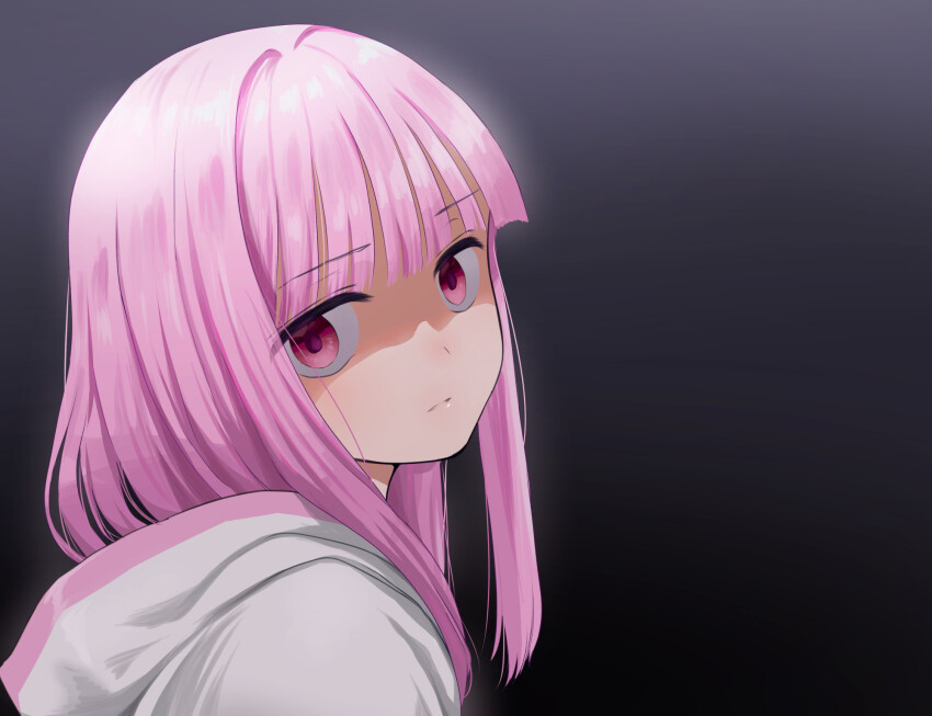 1girl, black_background, blunt_bangs, cloak, empty_eyes, from_side, gradient_background, grey_background