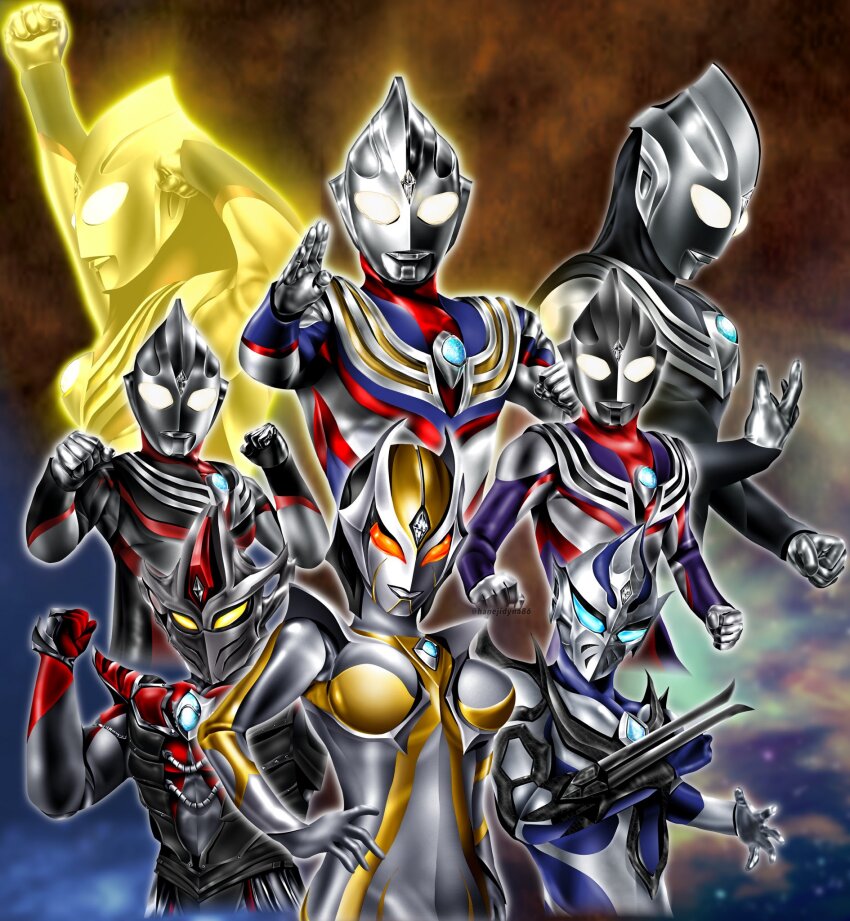 1girl, 3boys, alien, arm_blade, armor, arms_up, aura, black_skin