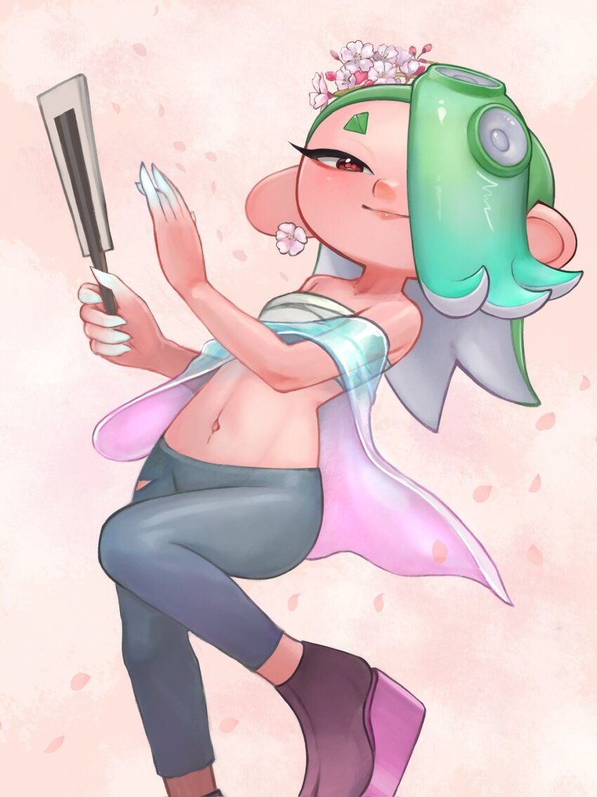 1girl, capelet, capri_pants, cherry_blossoms, chest_sarashi, earrings, eyeliner, flower