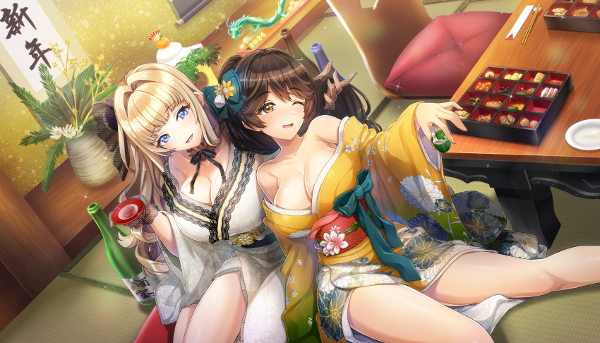 2girls, :d, ;d, alcohol, bare_legs, bare_shoulders, bento, bishamon_kikkou