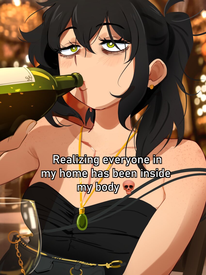 1girl, absurdres, alcohol, bag, bags_under_eyes, black_dress, black_hair, body_freckles, bottle, collarbone, cup, dress, drink, drinking, drinking_glass, dripping, earrings, english_text, freckles, gem, green_eyes, green_gem, hair_between_eyes, handbag, highres, jewelry, khyle., light_blush, liquid, liquid_from_mouth, necklace, ponytail, renee_graves, short_hair, skull_emoji, solo, strapless, strapless_dress, the_coffin_of_andy_and_leyley, wine, wine_bottle, wine_glass