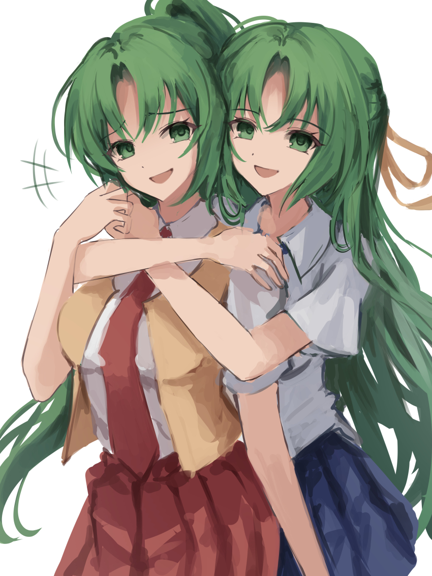 +++, 2girls, absurdres, blue_skirt, collared_shirt, green_eyes, green_hair, hair_ribbon