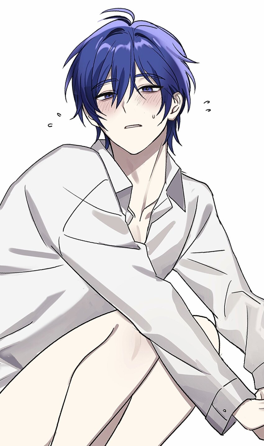 1boy, blue_eyes, blue_hair, blush, bottomless, collared_shirt, commentary_request, feet_out_of_frame
