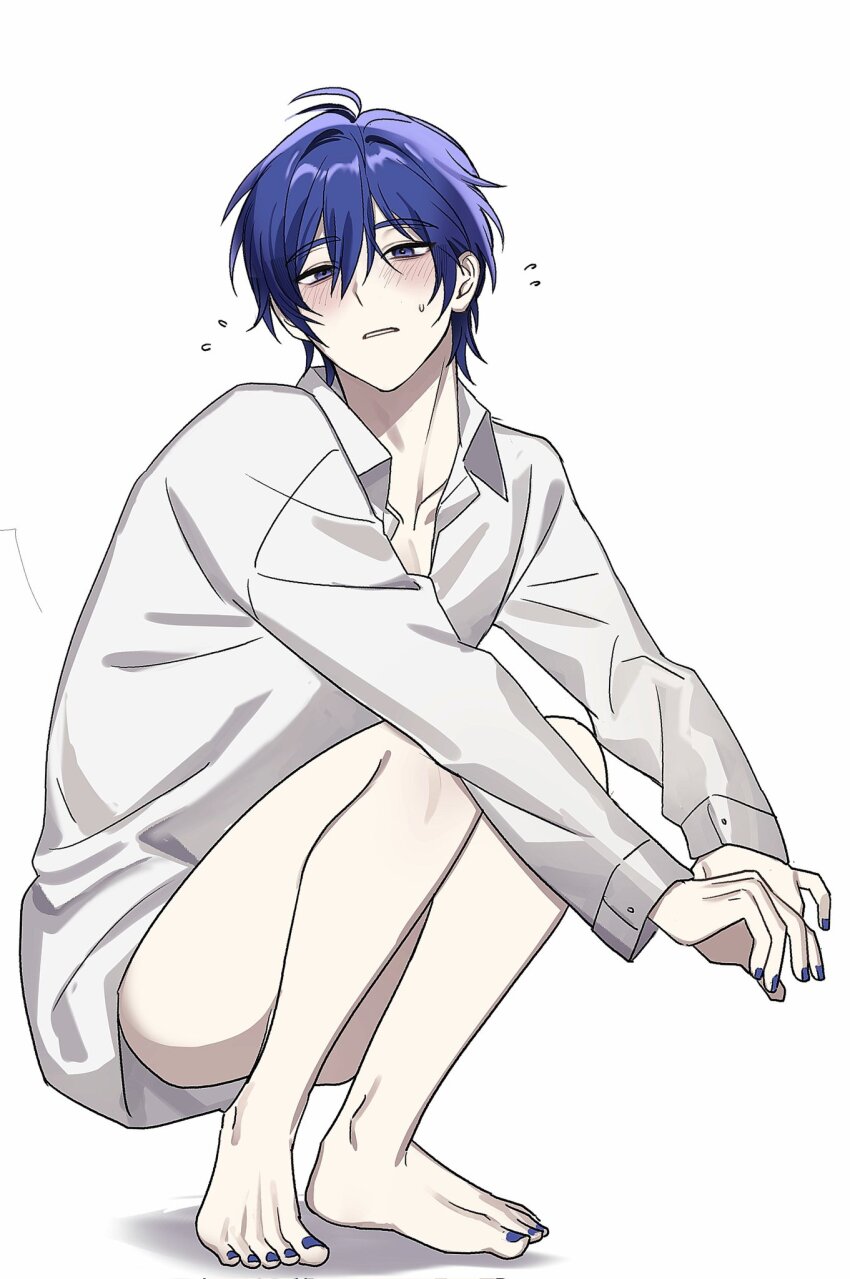 1boy, barefoot, blue_eyes, blue_hair, blue_nails, blush, bottomless, collarbone