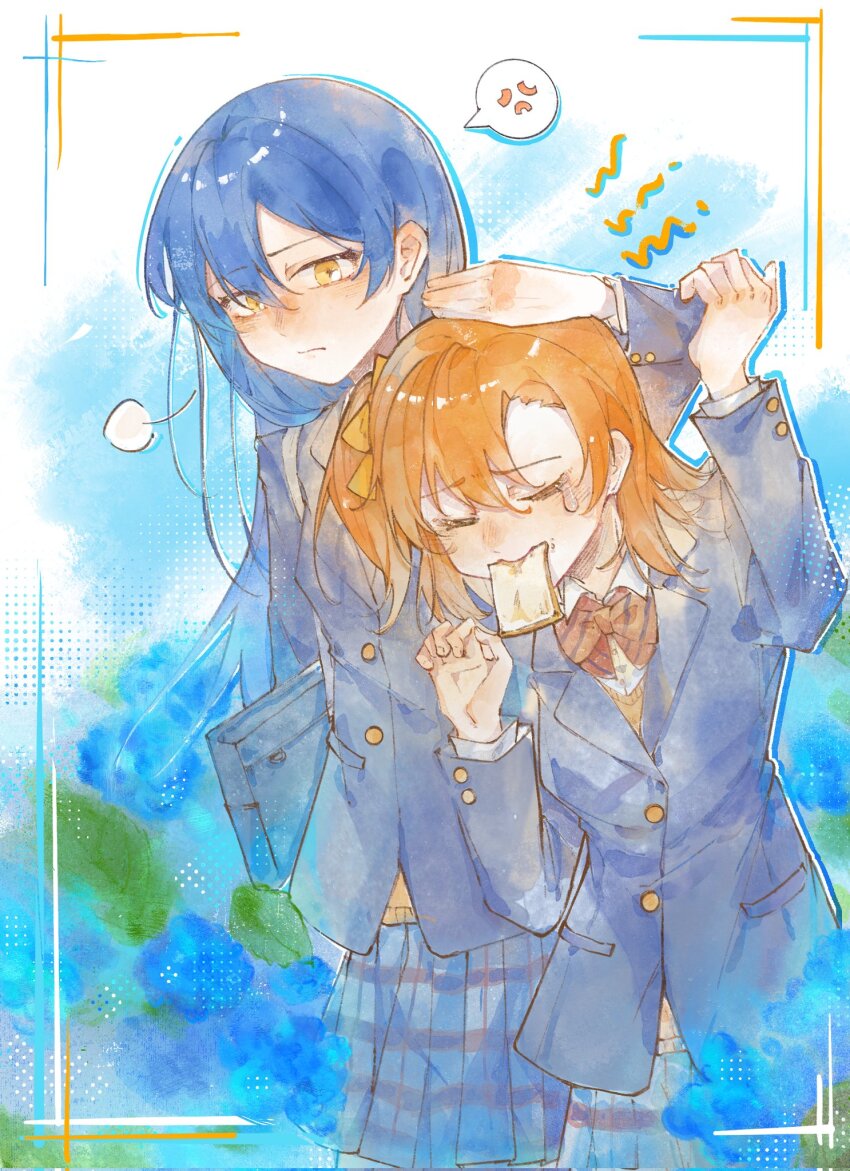 2girls, arm_up, blazer, blue_hair, blue_jacket, blue_skirt, bow, bowtie