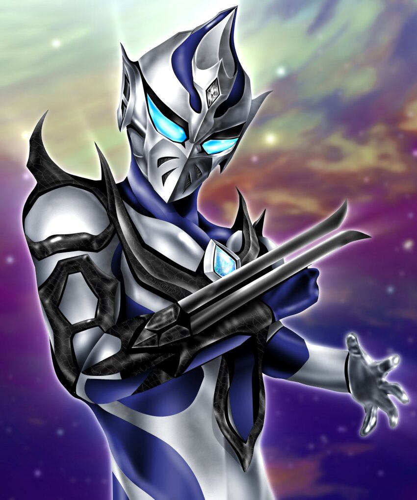 1boy, alien, arm_blade, armor, blue_eyes, blue_skin, breastplate, claw_pose, clenched_hand, collarbone, color_timer, colored_skin, commentary, crystal, dorsal_fin, facial_mark, forehead_jewel, galaxy, galaxy_background, gauntlets, glowing, glowing_eyes, hands_up, hanejidyna86, highres, hudra, looking_down, male_focus, multicolored_skin, no_mouth, open_hand, pointy_ears, shoulder_armor, silver_skin, solo, space, standing, star_(sky), tokusatsu, tsurime, ultra_series, ultraman_tiga:_the_final_odyssey, ultraman_tiga_(series), upper_body, weapon