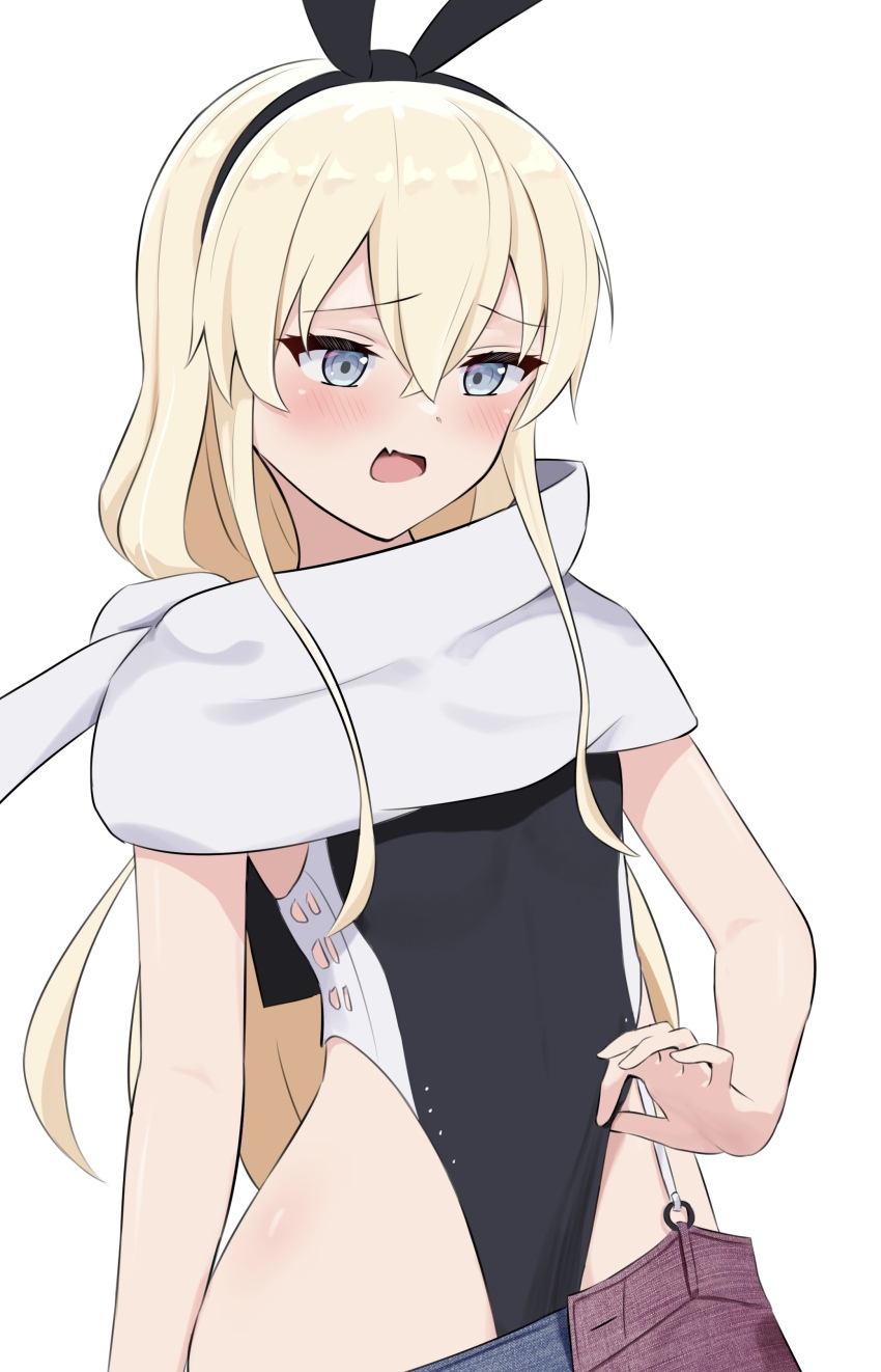 1girl, absurdres, american_flag, american_flag_print, american_flag_skirt, black_hairband, black_one-piece_swimsuit, blonde_hair