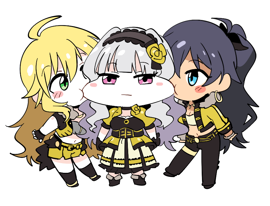 3girls, ahoge, antenna_hair, black_hair, black_hairband, black_pants, black_shoes, blonde_hair
