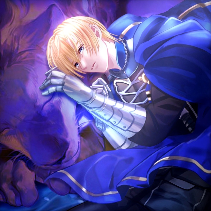 1boy, animal, armor, armored_gloves, black_pants, black_shirt, blonde_hair, blue_cape