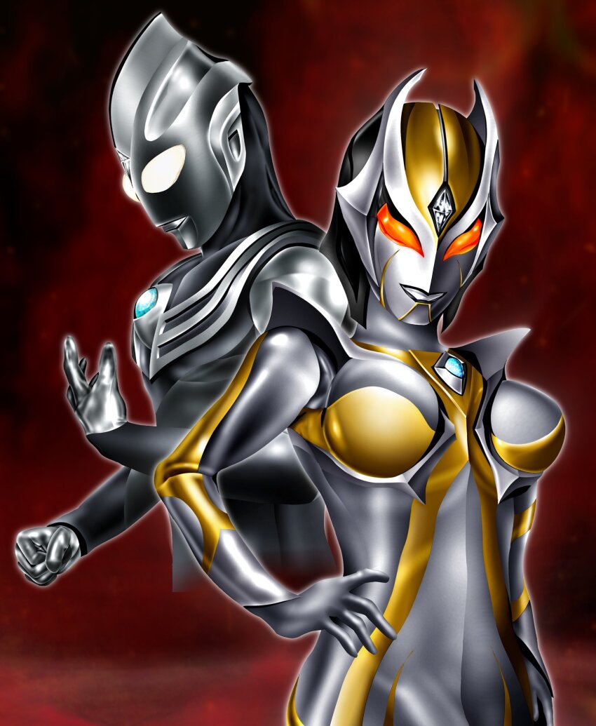 1boy, 1girl, alien, armor, black_skin, breastplate, breasts, camearra, clenched_hand, color_timer, colored_skin, commentary, compound_eyes, cropped_torso, crystal, dark_persona, dorsal_fin, facial_mark, forehead_jewel, giant, giantess, glowing, glowing_eyes, gold_skin, grey_skin, hand_on_own_hip, hand_up, hanejidyna86, head_down, hetero, highres, horns, kaijin, looking_down, medium_breasts, multicolored_skin, open_hand, orange_eyes, pectorals, red_background, seijin, shoulder_armor, silver_skin, standing, superhero_costume, tokusatsu, tsurime, ultra_series, ultraman_tiga, ultraman_tiga:_the_final_odyssey, ultraman_tiga_(series), ultraman_tiga_(tiga_dark), upper_body, white_eyes, wrinkled_skin