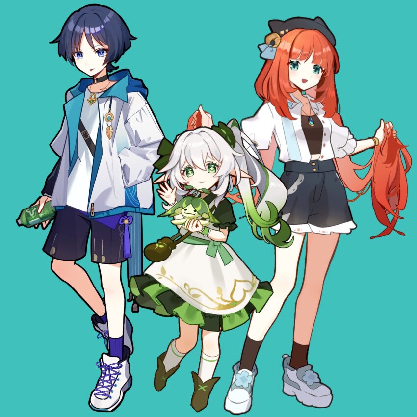 1boy, 2girls, alternate_costume, aqua_eyes, aqua_gem, aranara_(genshin_impact), arms_at_sides, asymmetrical_sleeves, belt, belt_buckle, beret, black_belt, black_choker, black_hat, black_shorts, black_sleeves, blouse, blue_pendant, blunt_bangs, blunt_ends, blush, bottle, bow, bracelet, brown_shoes, brown_socks, buckle, casual, choker, choppy_bangs, collarbone, collared_shirt, contemporary, creature, cross-laced_shoes, cross-shaped_pupils, doll, dress, eyelashes, eyeliner, eyeshadow, fake_horns, feathers, frilled_sleeves, frills, gem, genshin_impact, gradient_hair, green_background, green_dress, green_eyes, green_hair, green_pupils, green_sleeves, green_wrist_cuffs, grey_bow, hair_between_eyes, hair_bow, hair_intakes, hand_in_pocket, hands_up, hat, highres, holding, holding_bottle, holding_doll, holding_own_hair, horns, jacket, jewelry, juliet_sleeves, layered_sleeves, long_hair, long_sleeves, looking_at_viewer, low_twintails, makeup, multicolored_hair, multiple_girls, nahida_(genshin_impact), nilou_(genshin_impact), o-ring, o-ring_choker, open_clothes, open_hand, open_jacket, open_mouth, open_shirt, outstretched_arms, pom_pom_(clothes), puffy_sleeves, purple_eyes, purple_pupils, purple_socks, red_eyeliner, red_eyeshadow, ribbed_socks, scaramouche_(genshin_impact), shirt, shoes, short_sleeves, shorts, side_ponytail, sidelocks, sneakers, socks, spread_arms, streaked_hair, symbol-shaped_pupils, tongue, tongue_out, twintails, undershirt, utori_(tanakautori), vision_(genshin_impact), wanderer_(genshin_impact), white_hair, white_jacket, white_shirt, white_shoes, white_sleeves, white_socks, wrist_cuffs, yellow_feathers