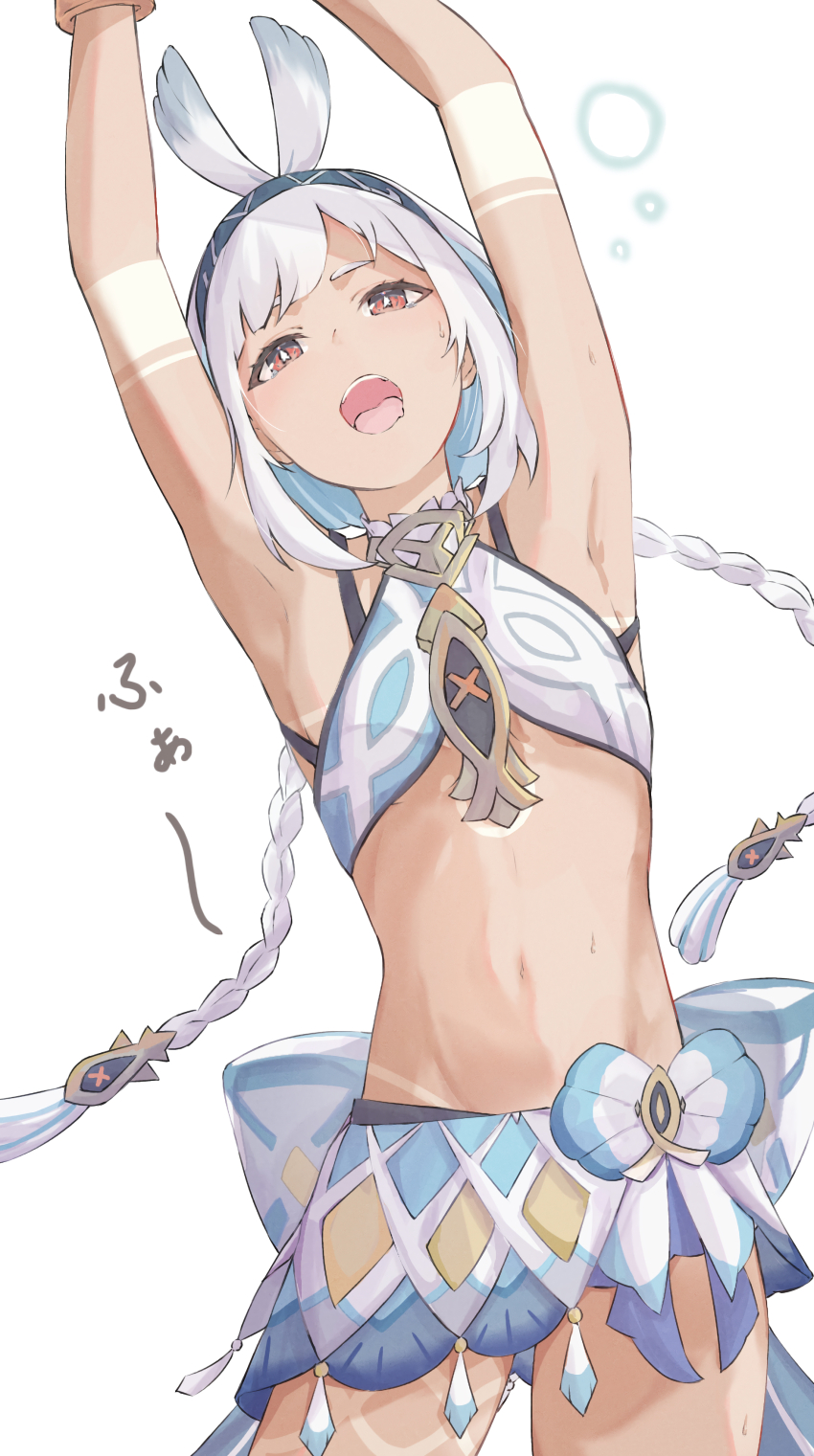 1girl, absurdres, argyle_clothes, armpits, arms_up, bare_arms, blue_hairband, blue_pupils