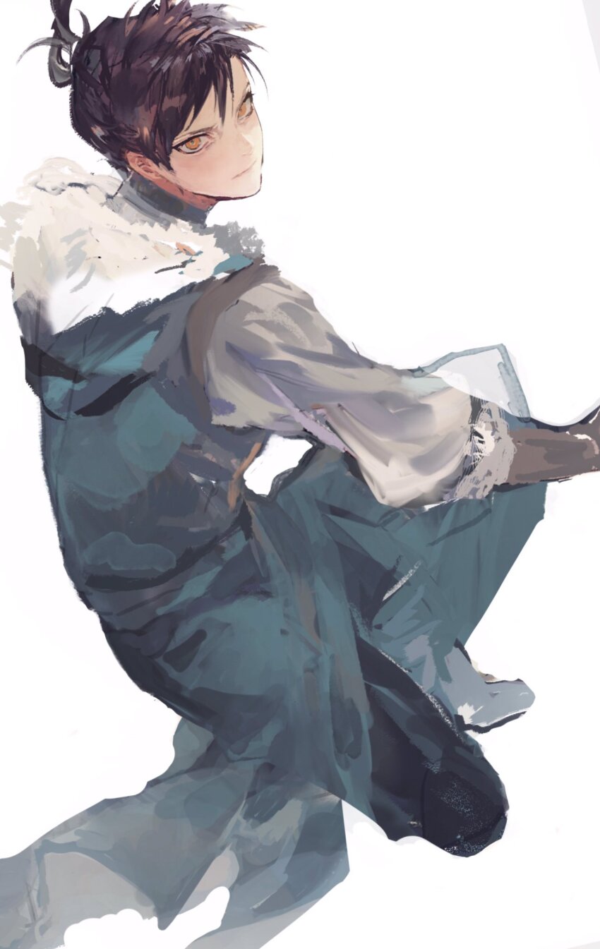 1boy, aqua_pants, aqua_tunic, black_hair, brown_gloves, closed_mouth, felix_hugo_fraldarius, felix_hugo_fraldarius_(timeskip)