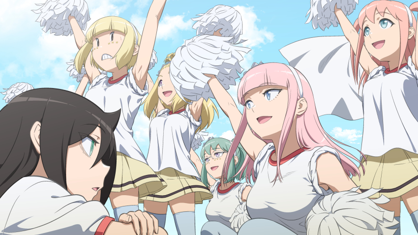 bags_under_eyes, black_hair, blonde_hair, blush, breasts, cheering, cheerleader, crop_top