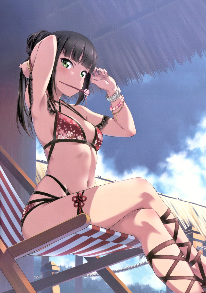 1girl, absurdres, armpits, arms_up, beach_chair, bikini, black_hair, blue_sky