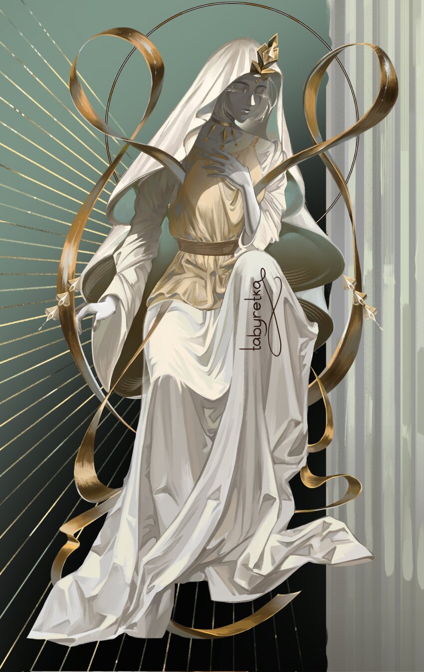 1girl, closed_eyes, closed_mouth, commentary, cookie_run, cookie_run:_kingdom, dress, english_commentary, gold_shawl, highres, long_hair, long_sleeves, mystic_flour_cookie, solo, tabyretka16, veil, white_dress, white_hair, white_veil