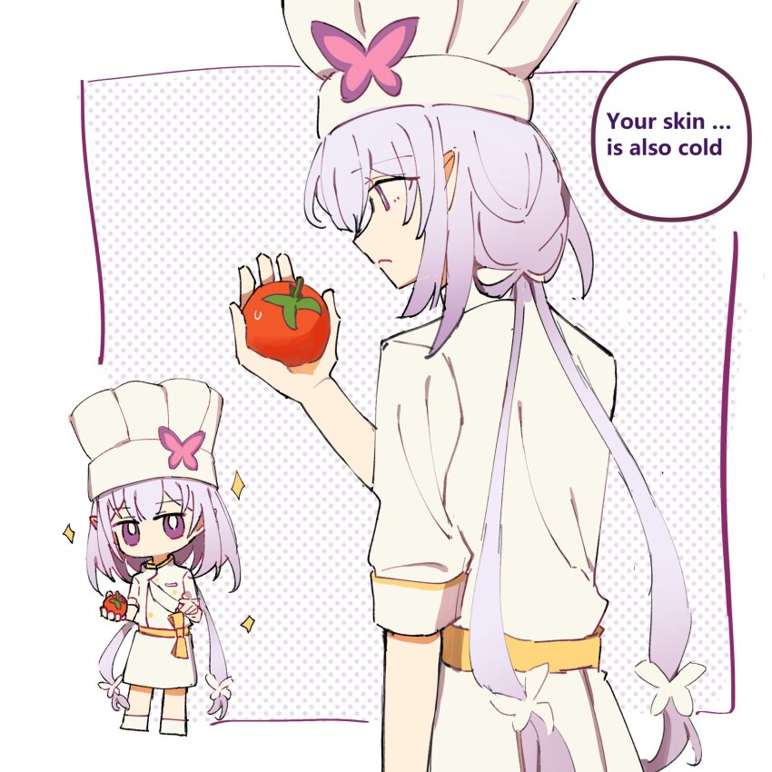 1girl, beibc_eee, butterfly_hat_ornament, castorice_(chrysos_chef)_(honkai:_star_rail), castorice_(honkai:_star_rail), chef_hat, chibi, commentary