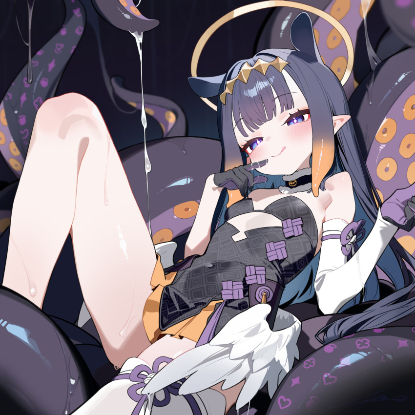 1girl, :q, black_hair, blue_eyes, flat_chest, halo, highres, hololive