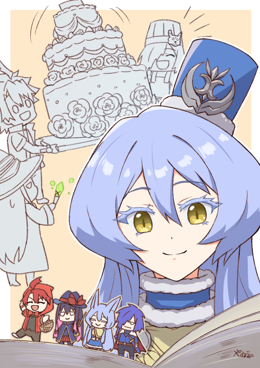 2boys, 2girls, asagaki_togo, blue_hair, blue_hat, book, border, cake