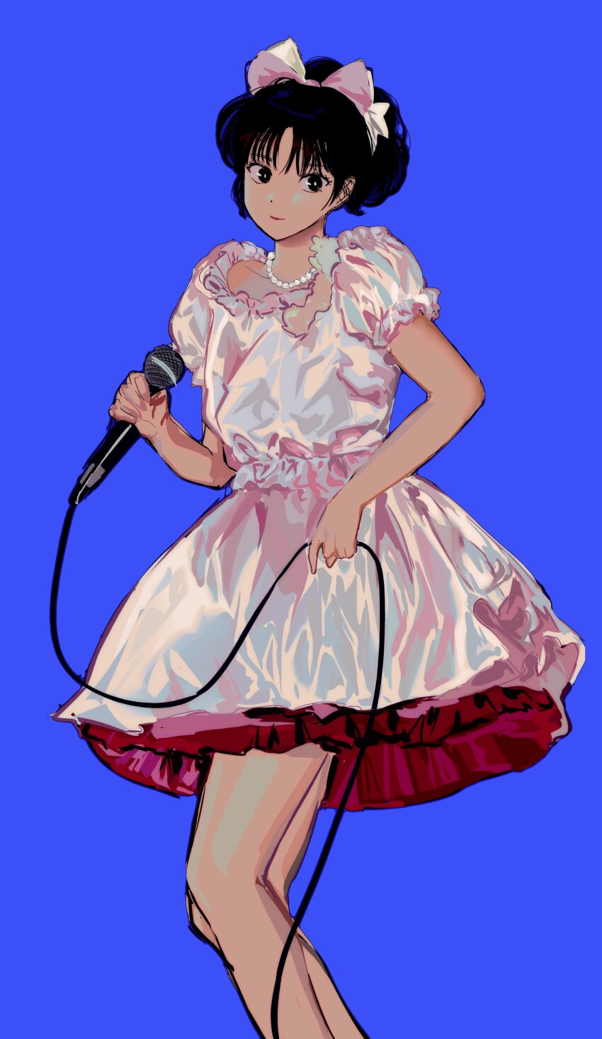 1girl, 88_77k, absurdres, black_hair, blue_background, bow, dress, hair_bow