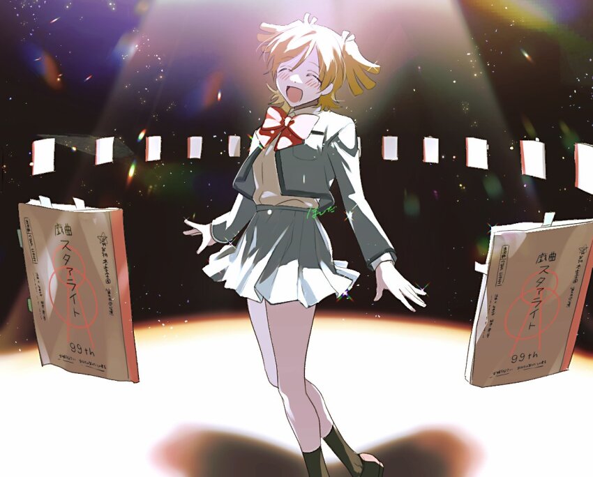 :d, ^_^, a-pose, black_shoes, black_socks, blonde_hair, blush, bow