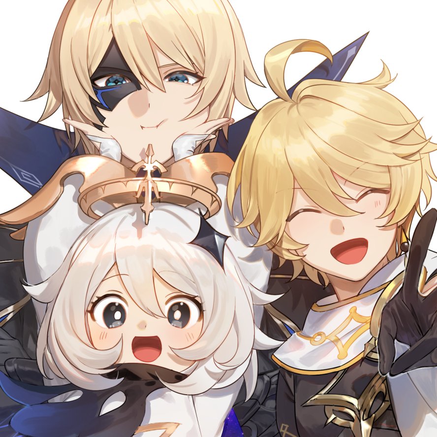 1girl, 2boys, aether_(genshin_impact), ahoge, aqua_eyes, arms_up, black_cape, black_eyes