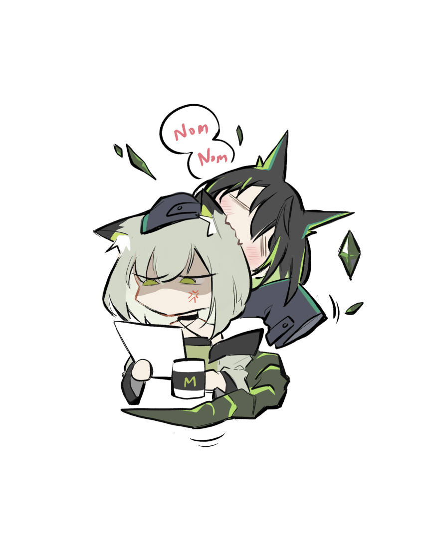 2girls, absurdres, anger_vein, animal_ears, arknights, black_hair, blush, can't_choose_your_own_family