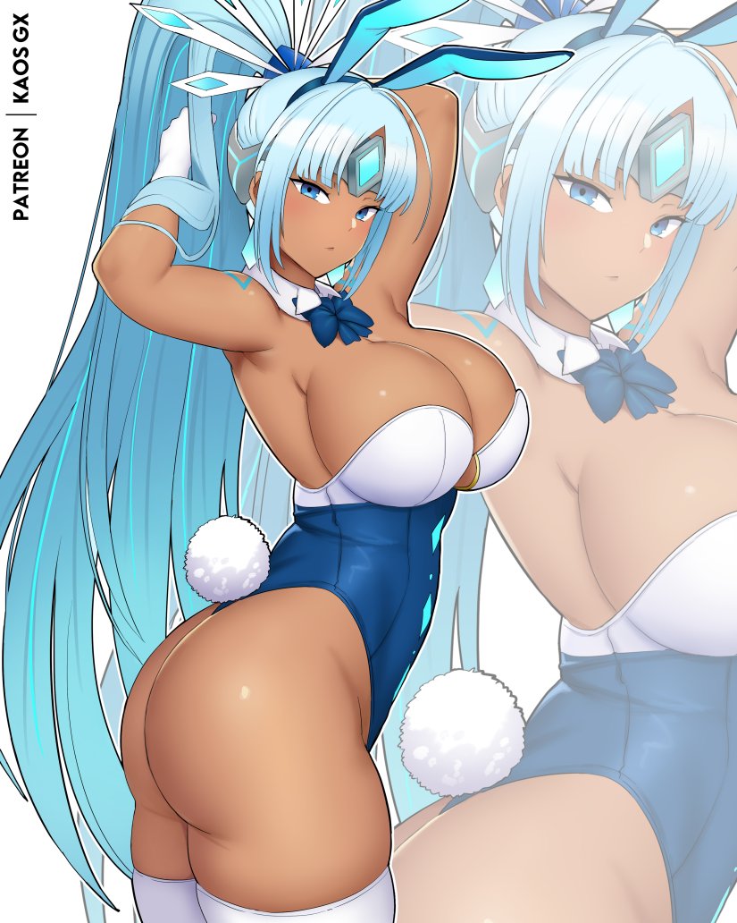 1girl, armpits, arms_behind_head, ass, blue_eyes, blue_hair, breasts, dark-skinned_female