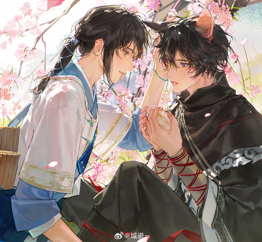 2boys, absurdres, animal_ears, black_cloak, black_eyes, black_hair, black_pants, black_sleeves
