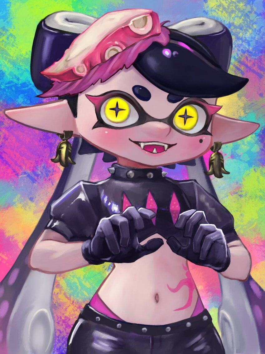 1girl, black_hair, blush, callie_(octo_idol_outfit)_(splatoon), callie_(splatoon), collar, cowboy_shot, earrings