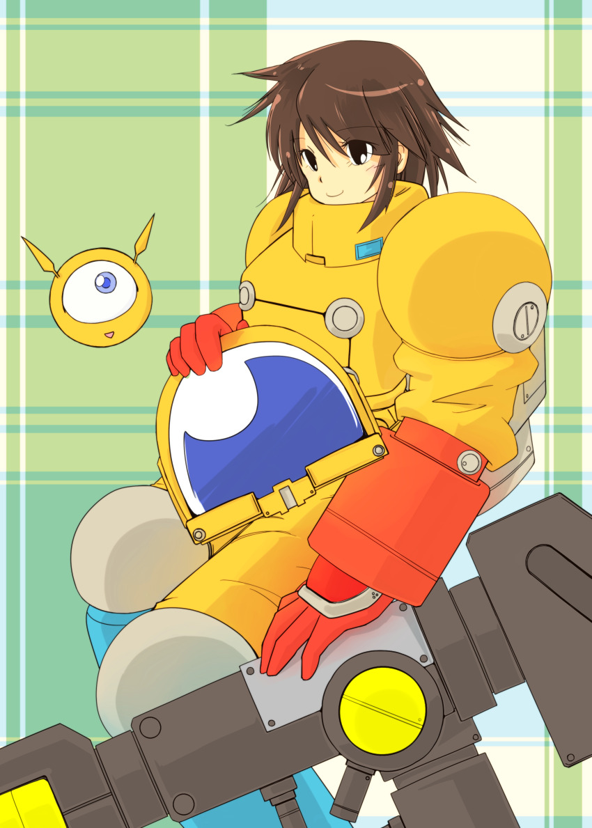 1girl, absurdres, armor, baraduke, black_eyes, blue_eyes, brown_hair, gloves, green_background, gun, helmet, highres, invisible_chair, marumaru., medium_hair, paccet, power_armor, red_gloves, sidelocks, sitting, smile, toby_masuyo, unworn_headwear, unworn_helmet, weapon