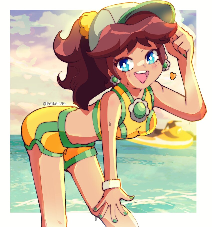 1girl, absurdres, artist_name, blue_eyes, brown_hair, cloud, crop_top, earrings