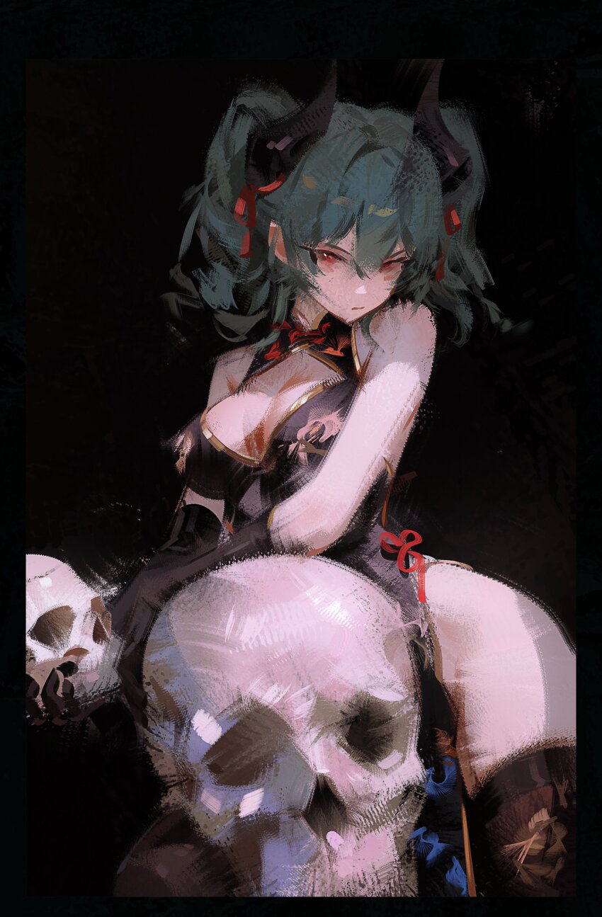 1girl, absurdres, angry, aqua_hair, bare_shoulders, black_background, black_dress, black_gloves