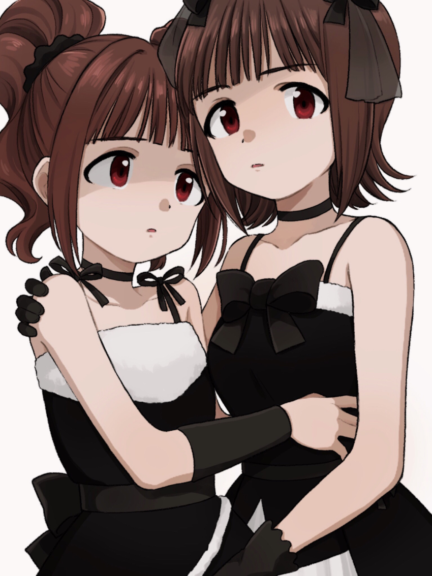 2girls, alternate_eye_color, amami_haruka, arm_around_another's_waist, bare_shoulders, black_bow, black_choker, black_dress, black_gloves, black_ribbon, bow, brown_hair, choker, collarbone, commentary, cute_&amp;_girly_(idolmaster), dress, dress_bow, gloves, gothic_princess_(idolmaster), hair_ribbon, hand_on_another's_shoulder, highres, idolmaster, idolmaster_(classic), idolmaster_1, looking_at_viewer, multiple_girls, naruse_ill, parted_lips, red_eyes, ribbon, short_hair, simple_background, spaghetti_strap, strapless, strapless_dress, takatsuki_yayoi, twintails, upper_body, white_background