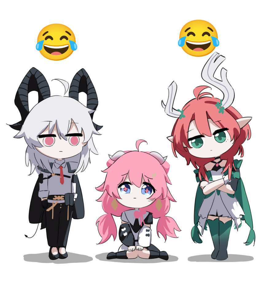 3girls, absurdres, ahoge, black_horns, black_jacket, black_pants, black_shoes, black_tail