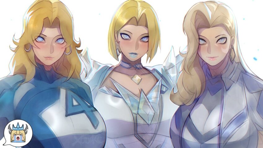 4girls, blonde_hair, blue_bodysuit, blue_eyes, blue_lips, blush, bodysuit, breasts, choker, color_connection, crescent, crescent_facial_mark, dagger_(marvel), earrings, emma_frost, facial_mark, fantastic_four, female_focus, hair_color_connection, jewelry, large_breasts, lipstick, looking_at_viewer, magik_(eldritch_armor)_(x-men), magik_(x-men), makeup, marvel, marvel_rivals, moon_tattoo, multicolored_bodysuit, multiple_girls, short_hair, sue_storm, superhero_costume, tattoo, trait_connection, two-tone_bodysuit, x-men, xuuikie_ashe