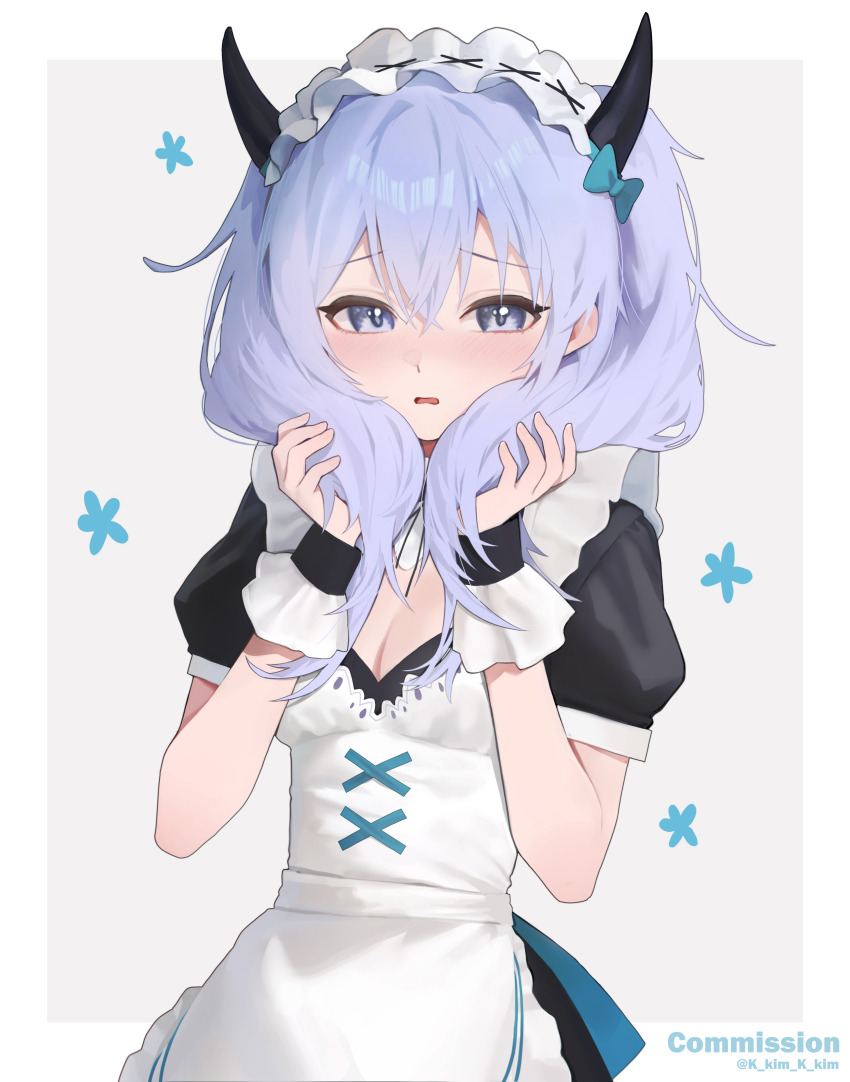 1girl, absurdres, apron, aqua_bow, black_dress, blue_eyes, blue_hair, blush