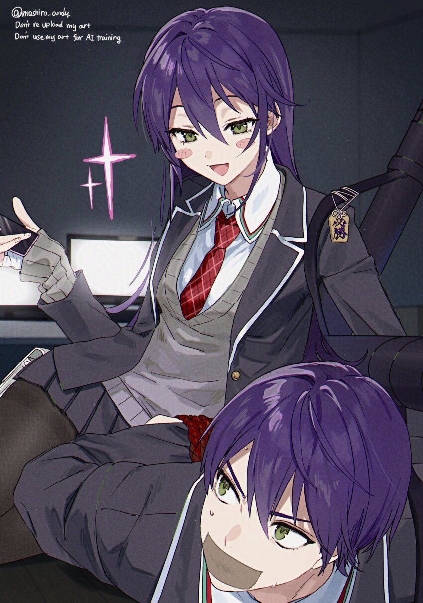 1boy, 1girl, :3, absurdres, arms_behind_back, black_jacket, black_pantyhose, black_skirt