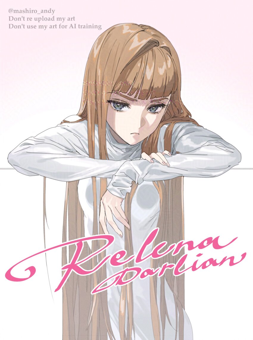 1girl, absurdres, artist_name, blonde_hair, blunt_bangs, breasts, character_name, cowboy_shot, dress, frown, grey_eyes, gundam, gundam_wing, highres, leaning, leaning_forward, long_hair, long_sleeves, looking_at_viewer, mashiro_andy, medium_breasts, pink_background, relena_peacecraft, sleeves_past_wrists, solo, straight_hair, twitter_username, white_dress