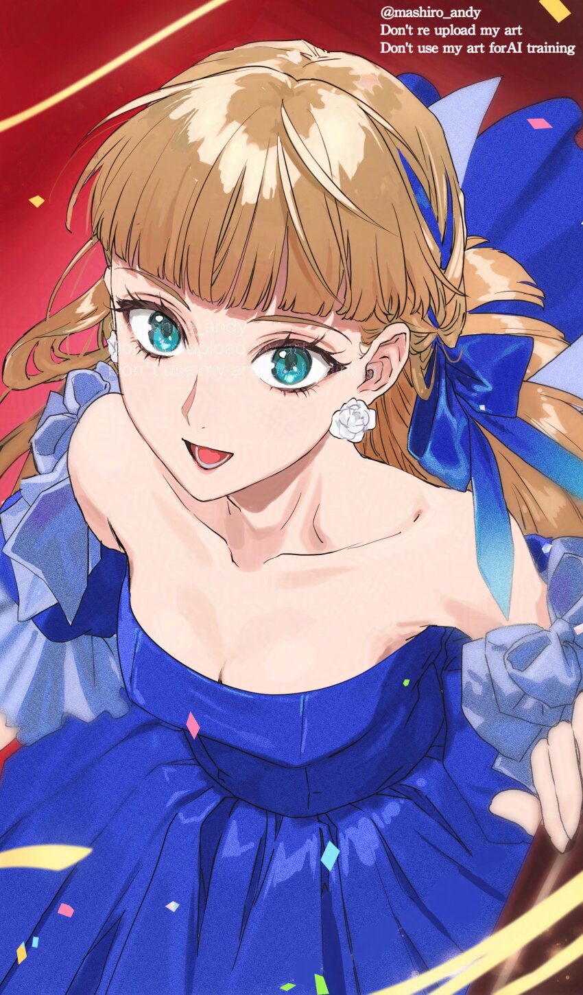 1girl, absurdres, aqua_eyes, artist_name, bare_shoulders, blue_dress, blue_ribbon, blue_sleeves