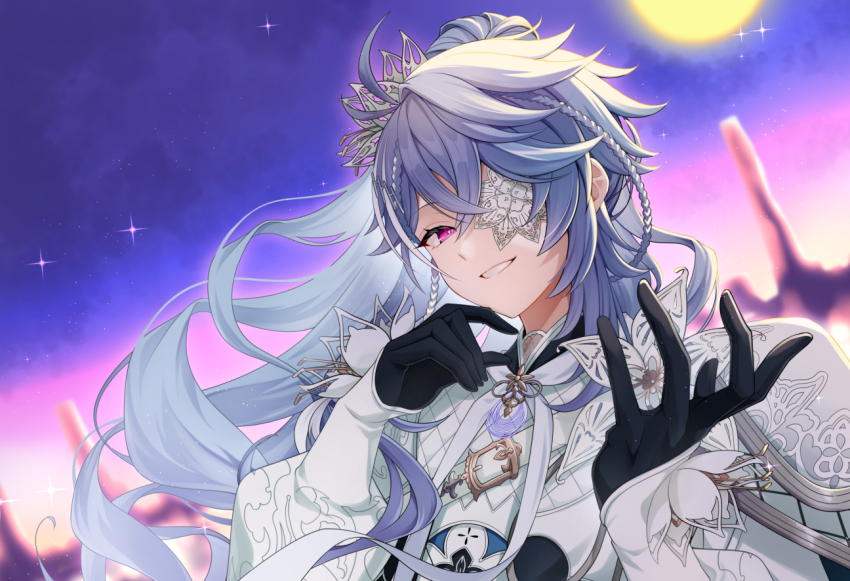 1boy, ahoge, black_gloves, blue_hair, braid, buckle, capelet, commentary