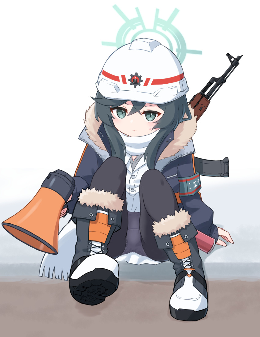 akm, aqua_armband, armband, assault_rifle, black_boots, black_hair, black_pantyhose, blue_archive, boots, closed_mouth, commentary_request, full_body, green_eyes, grey_shirt, gun, hair_between_eyes, halo, hard_hat, helmet, highres, holding, holding_megaphone, jacket, kalashnikov_rifle, long_hair, long_sleeves, looking_at_viewer, megaphone, minori_(blue_archive), on_floor, open_clothes, panties, panties_under_pantyhose, pantyhose, paskmel, red_winter_federal_academy_logo, rifle, scarf, shirt, simple_background, skirt, solo, sweatdrop, underwear, weapon, white_background, white_helmet, white_jacket, white_panties, white_scarf, white_shirt