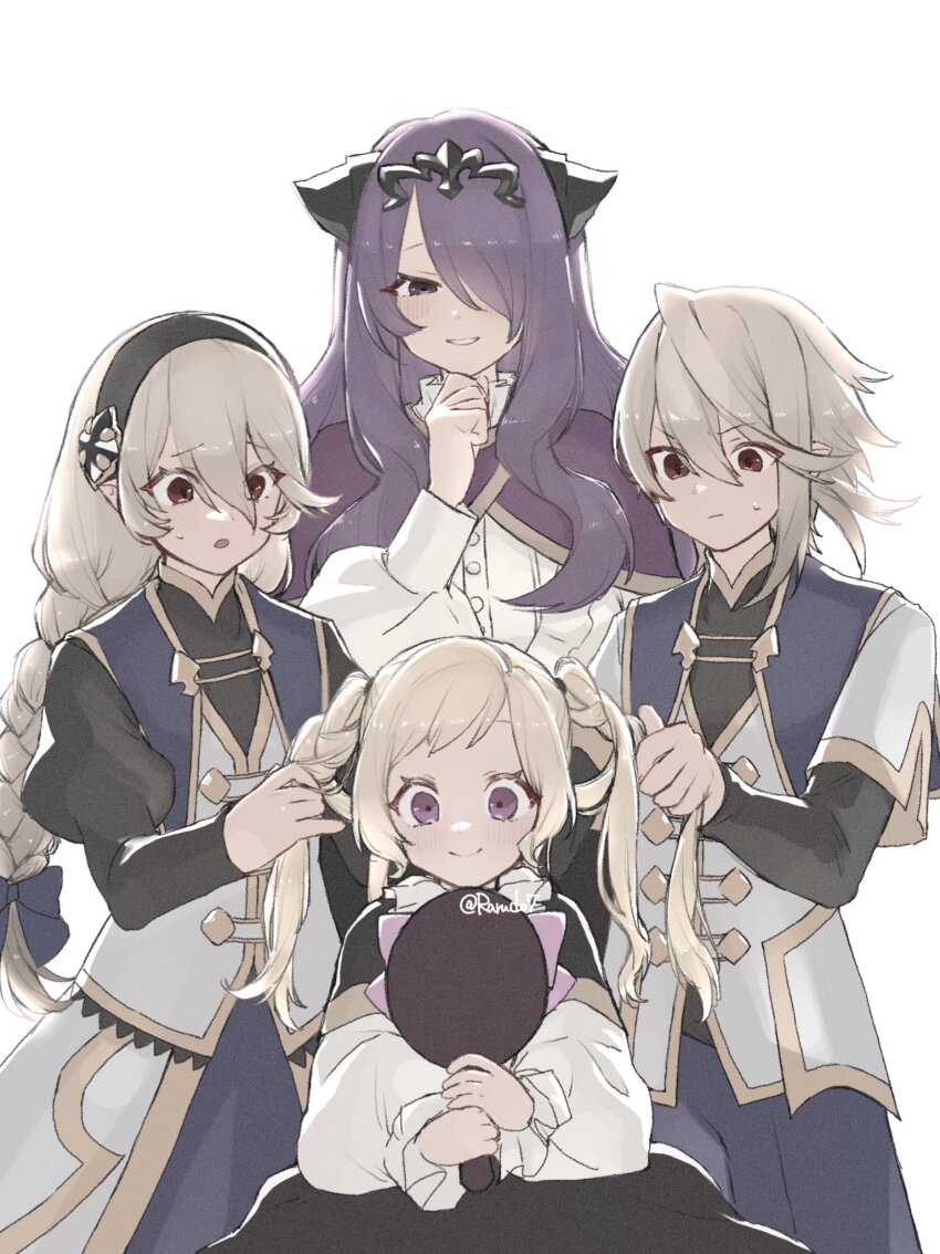 1boy, 4girls, aged_up, black_capelet, black_hairband, black_horns, blonde_hair, blush