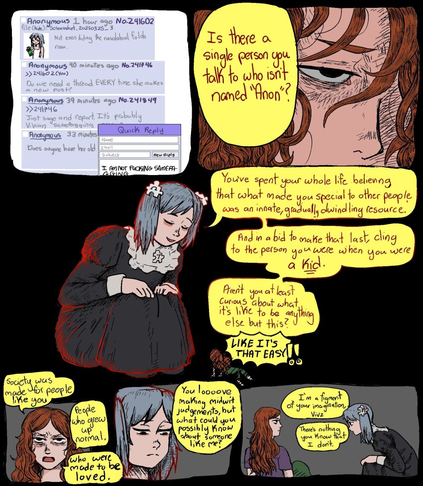 !, !!, 4chan, aged_up, black_background, black_dress, black_eyes, blue_hair