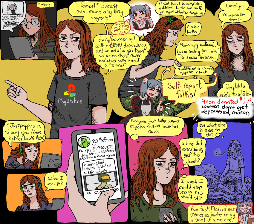 4chan, aged_up, bed, black_headband, blue_background, cellphone, clover_hair_ornament, four-leaf_clover_hair_ornament