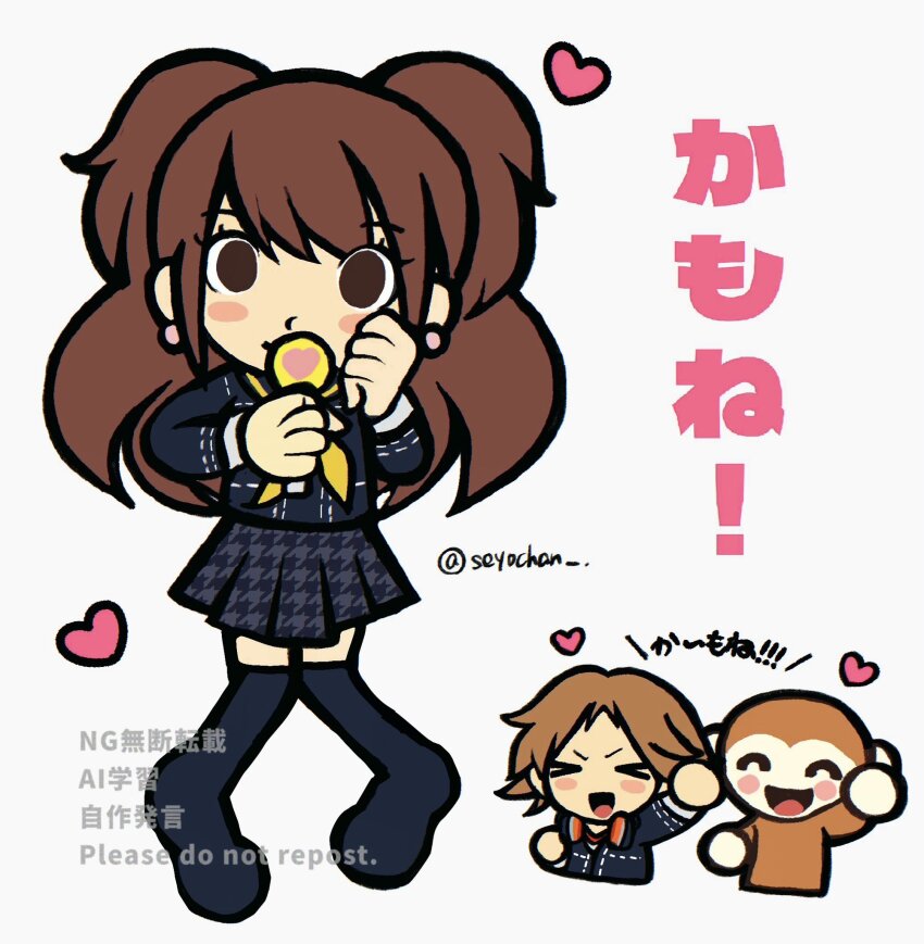 >_<, 1girl, ^_^, brown_eyes, brown_hair, closed_eyes, earrings, hanamura_yousuke