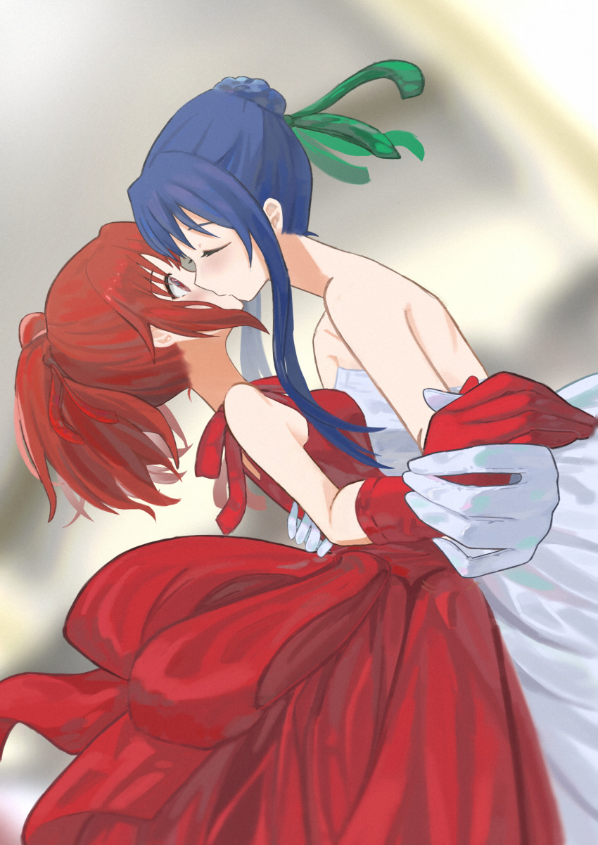 2girls, absurdres, alternate_costume, aoi_nagisa, asymmetrical_docking, bare_shoulders, blue_hair, blurry